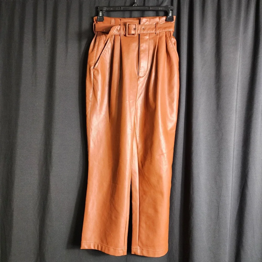 Abercrombie & Fitch Cognac Faux Leather Paperbag Waist Pants‎ XS Brown Straight